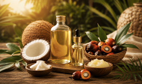 Huiles naturelles de coco et palmiste pour soins capillaires et bien-être